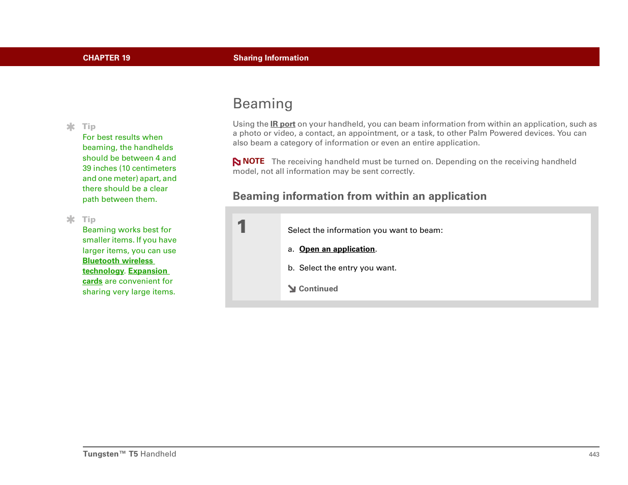 Beaming, Beaming information from within an application, Beam | Beam a photo or video to, Beam to | Palm T5 User Manual | Page 465 / 675