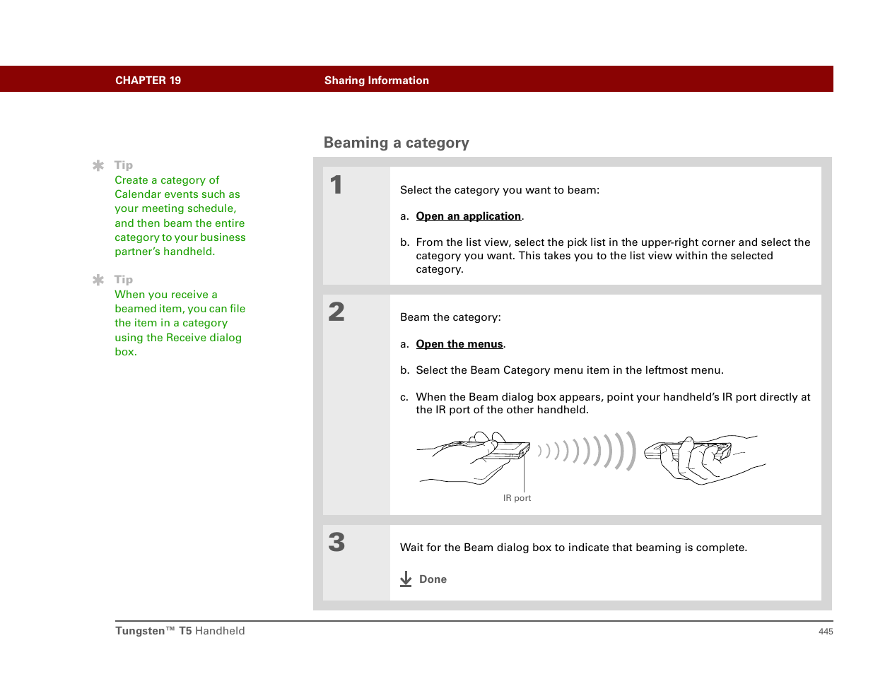 Beaming a category | Palm T5 User Manual | Page 467 / 675