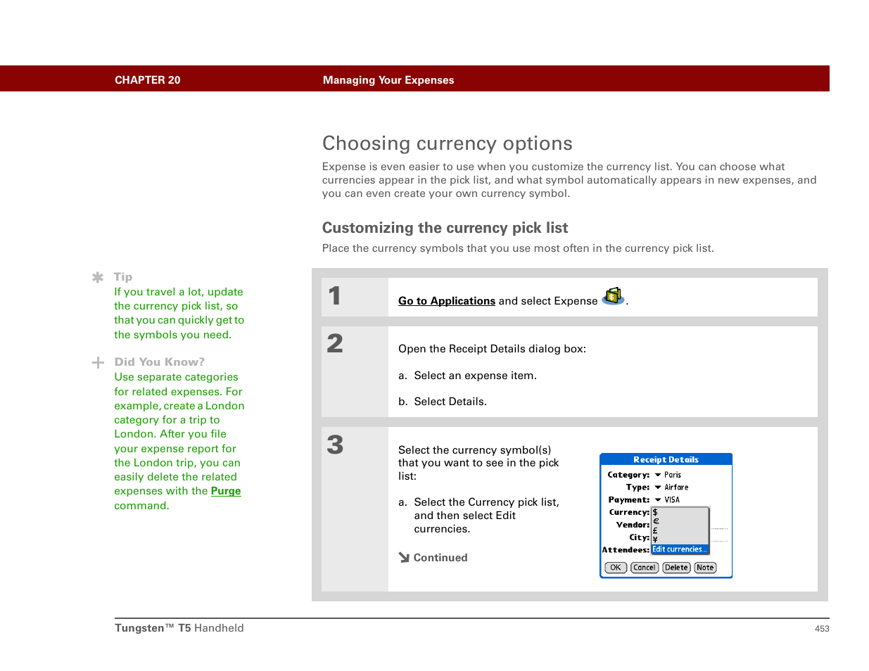 Choosing currency options, Customizing the currency pick list | Palm T5 User Manual | Page 475 / 675