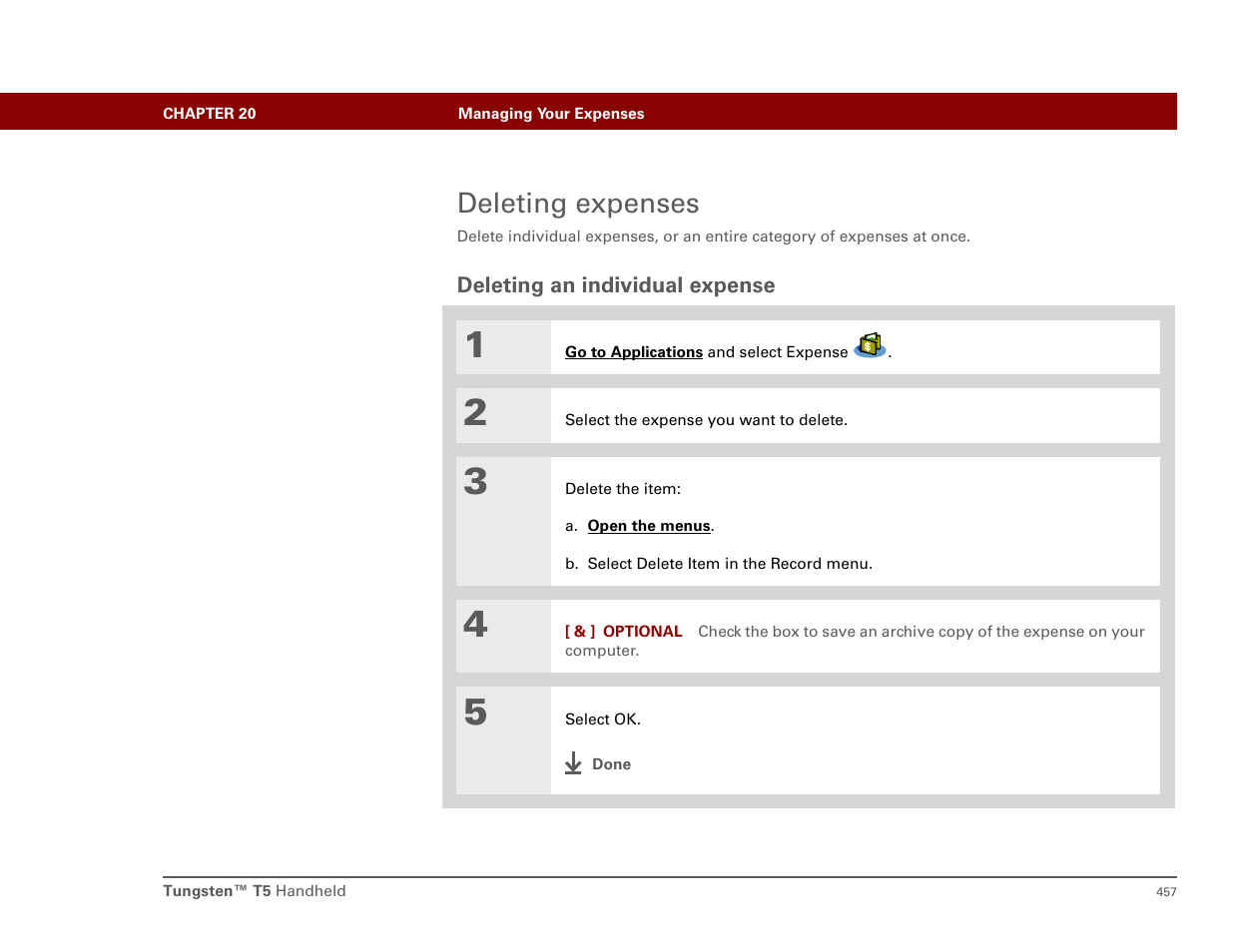 Deleting expenses, Deleting an individual expense | Palm T5 User Manual | Page 479 / 675