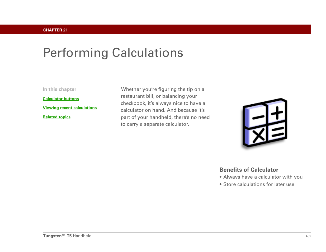 Performing calculations, Chapter 21: performing calculations, Calculator | Palm T5 User Manual | Page 484 / 675