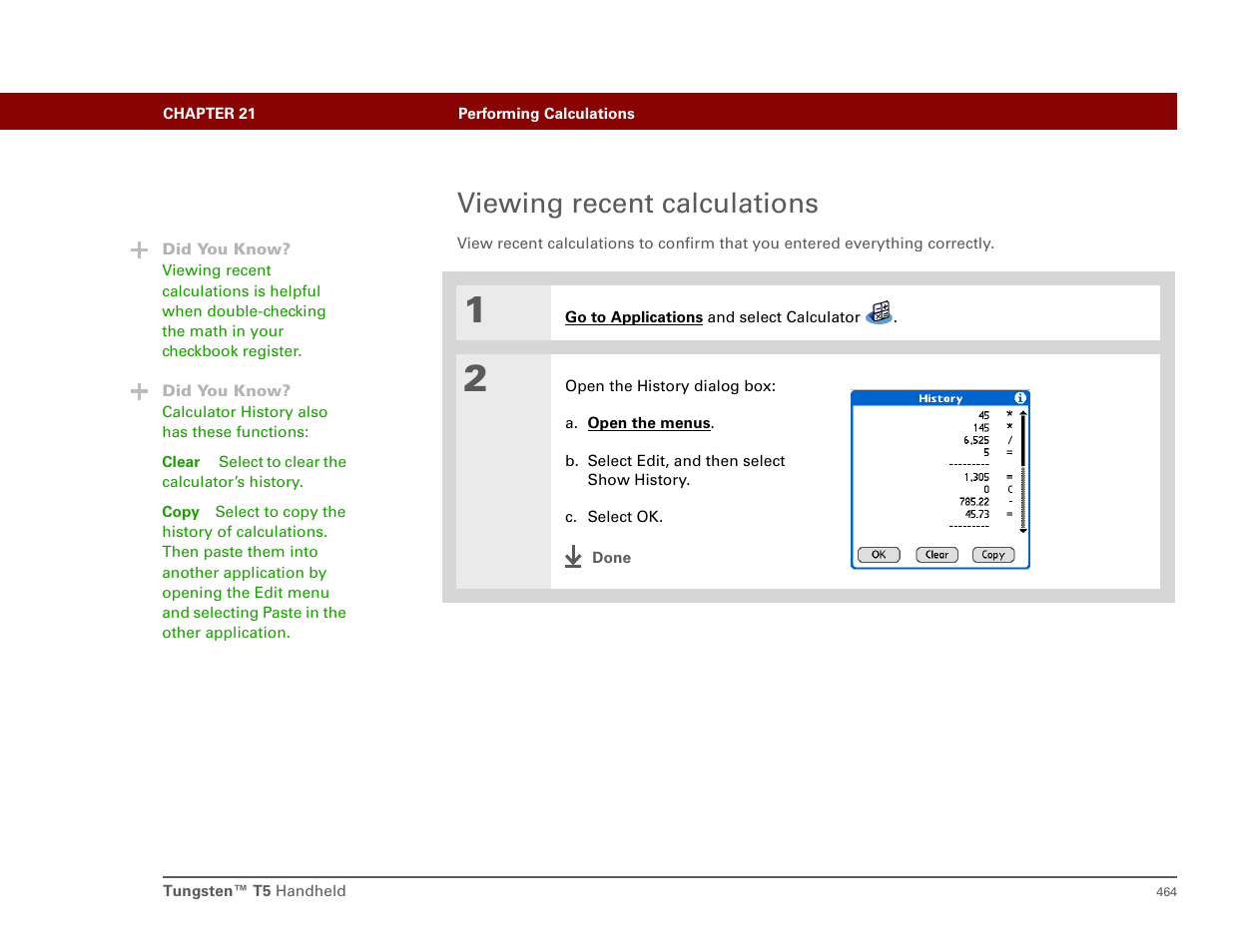 Viewing recent calculations | Palm T5 User Manual | Page 486 / 675