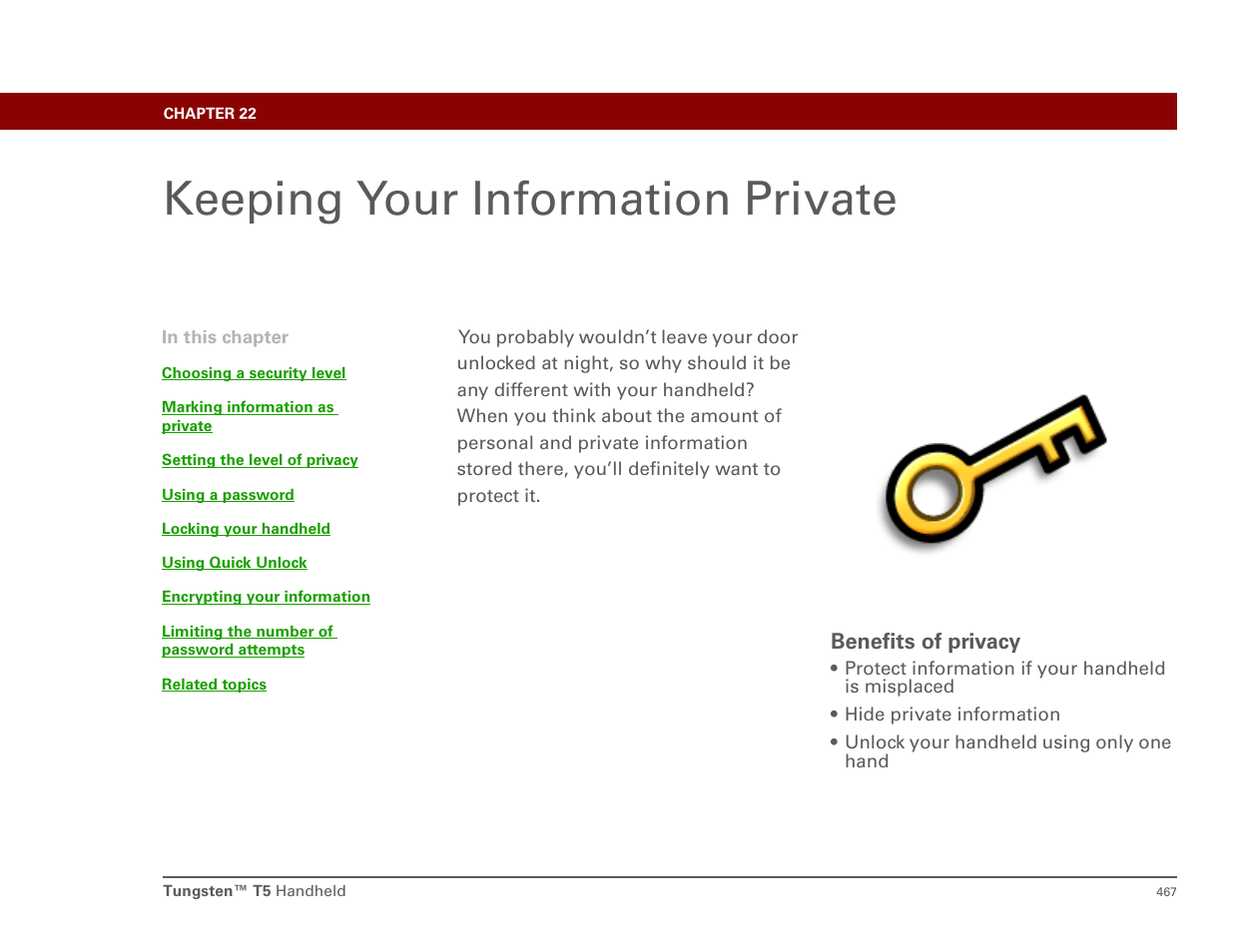 Keeping your information private, Chapter 22: keeping your information private, Privacy | Also mark events as private, Mark tasks as private, Marking them as private, Security preferences, Configured the security preferences on your | Palm T5 User Manual | Page 489 / 675