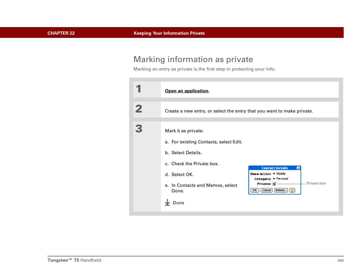 Marking information as private, Private , but | Palm T5 User Manual | Page 491 / 675