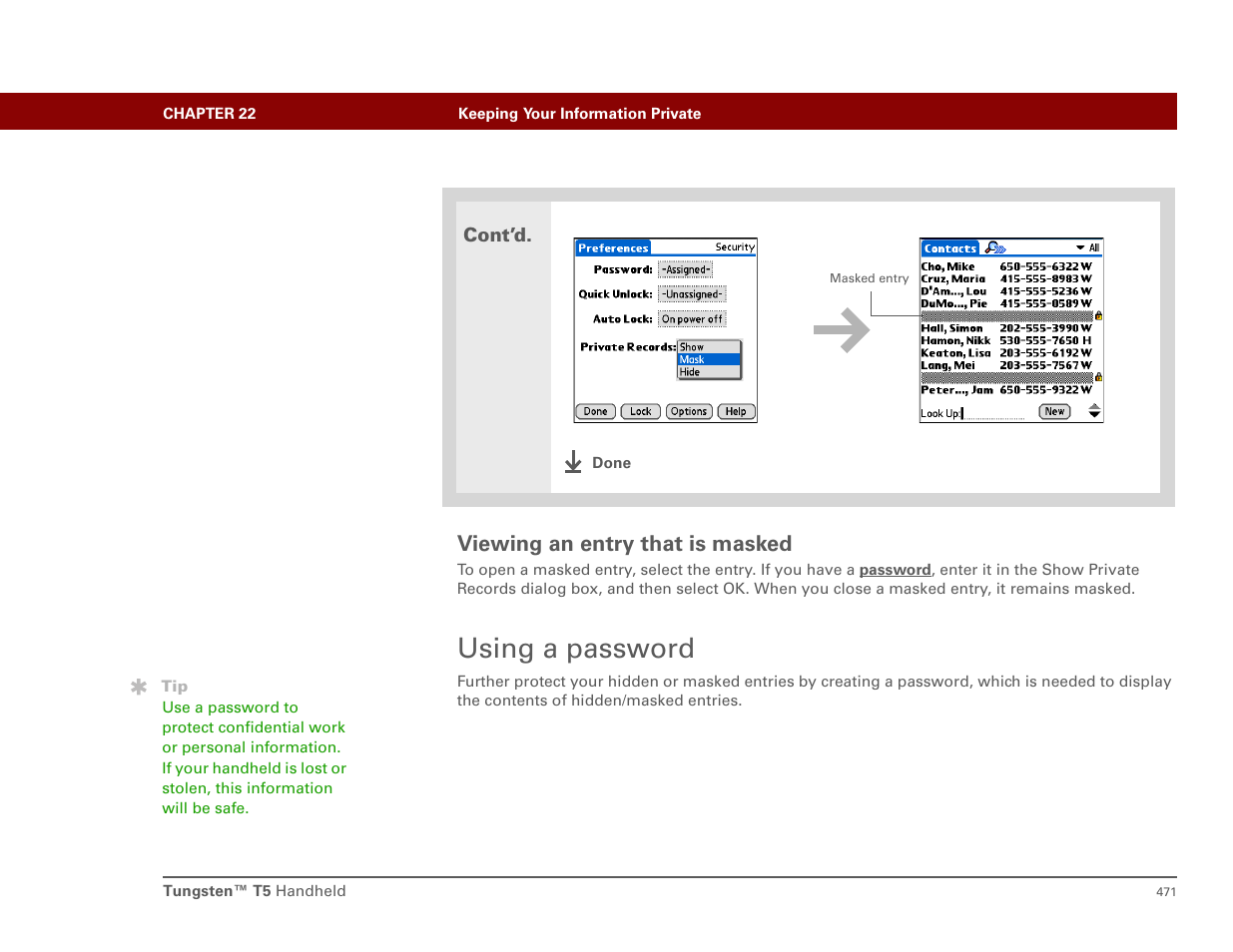Viewing an entry that is masked, Using a password | Palm T5 User Manual | Page 493 / 675