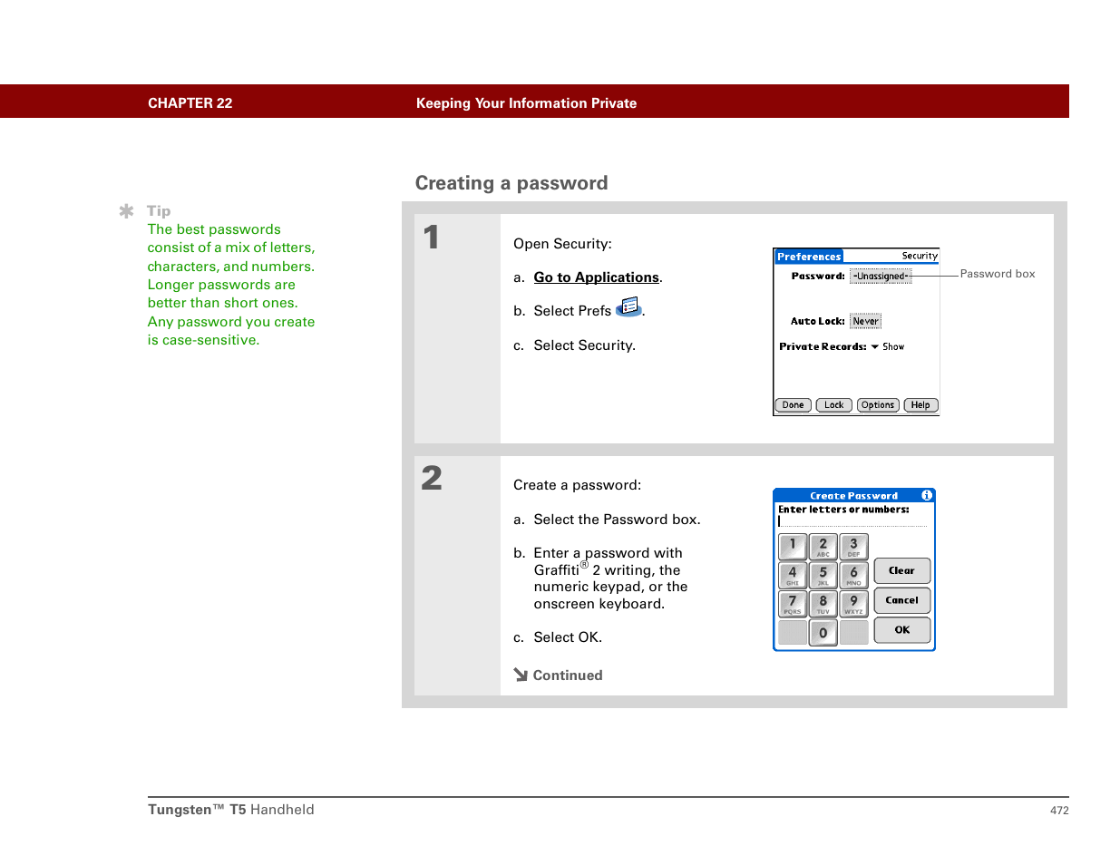 Creating a password, Ting a password | Palm T5 User Manual | Page 494 / 675