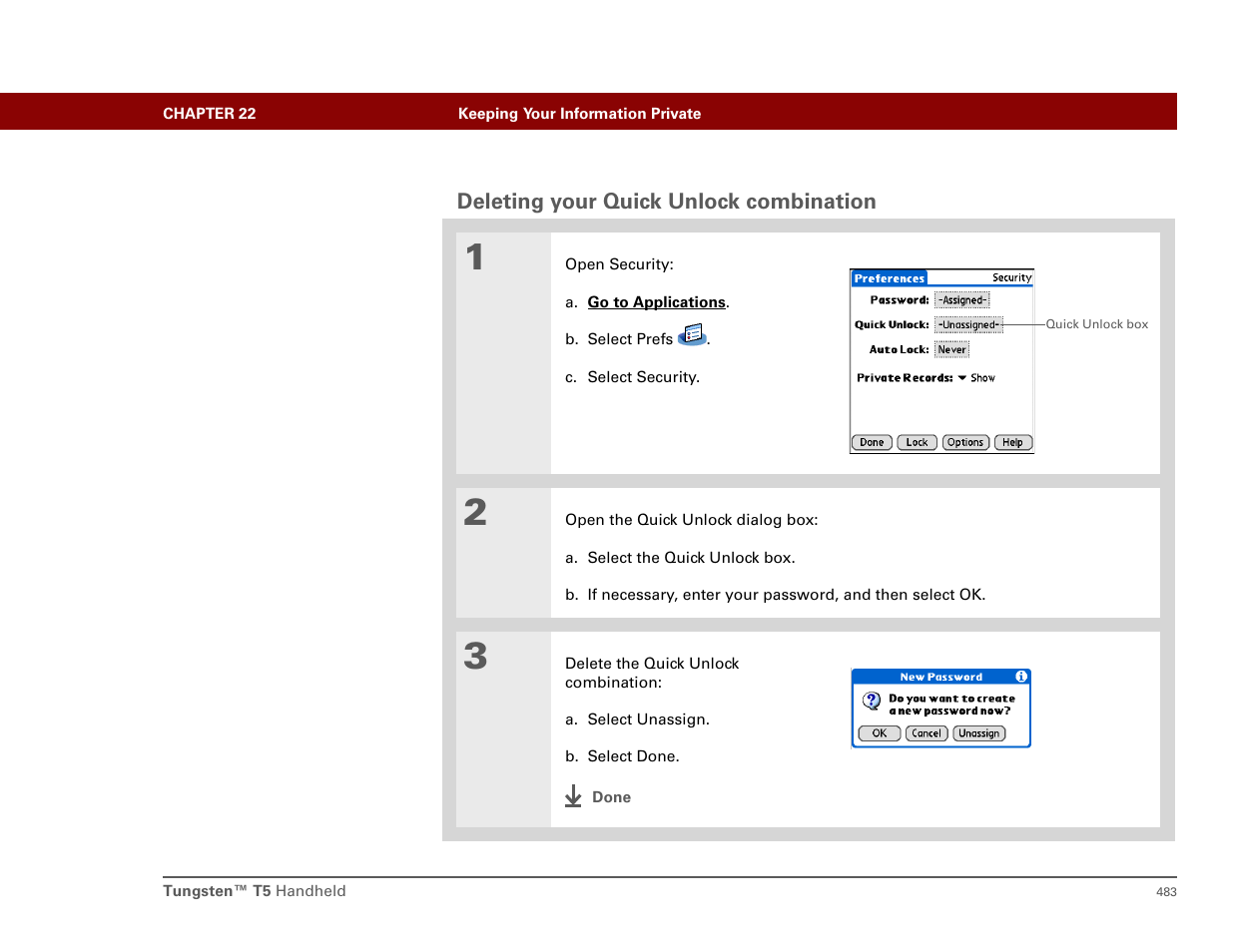 Deleting your quick unlock combination | Palm T5 User Manual | Page 505 / 675