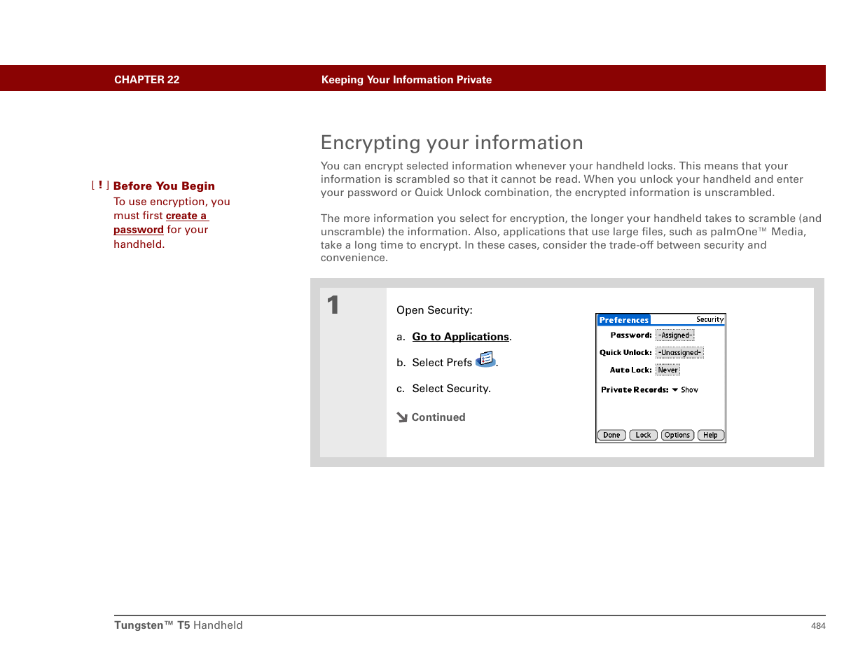 Encrypting your information, Encrypting entries | Palm T5 User Manual | Page 506 / 675