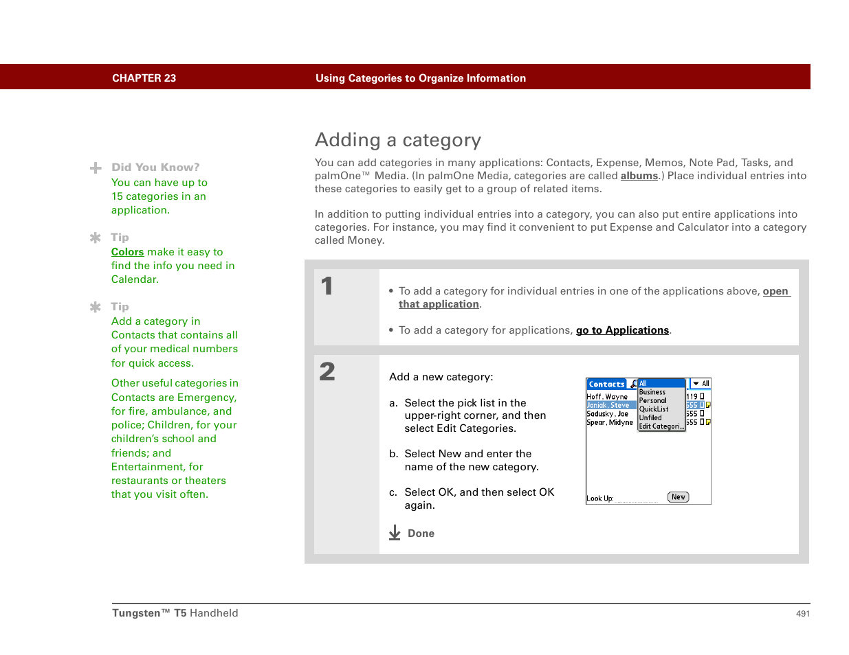 Adding a category | Palm T5 User Manual | Page 513 / 675
