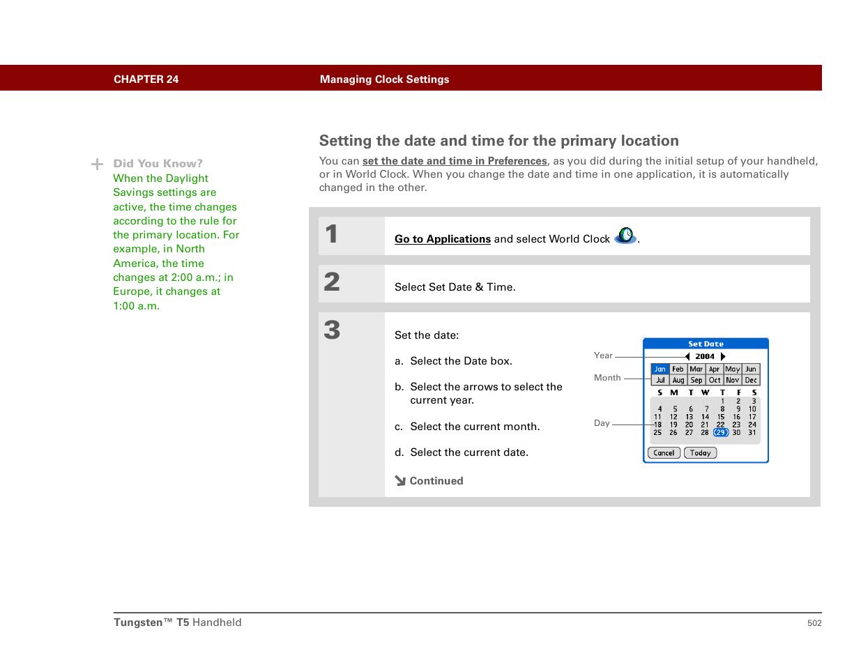 Setting the date and time for the primary location | Palm T5 User Manual | Page 524 / 675