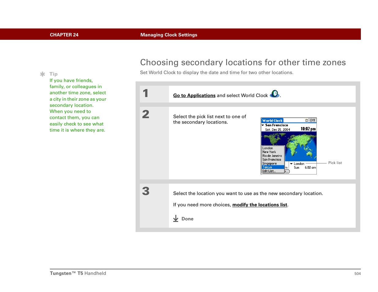 Choosing secondary locations for other time zones | Palm T5 User Manual | Page 526 / 675