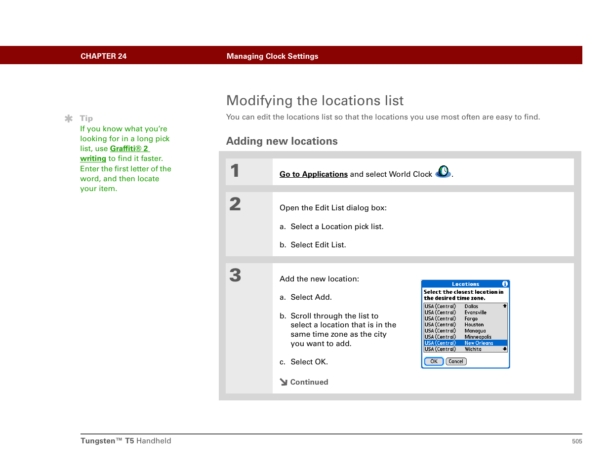 Modifying the locations list, Adding new locations | Palm T5 User Manual | Page 527 / 675