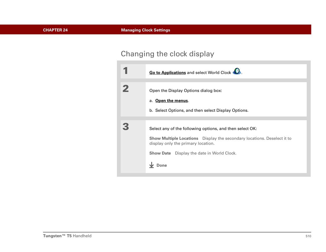 Changing the clock display | Palm T5 User Manual | Page 532 / 675