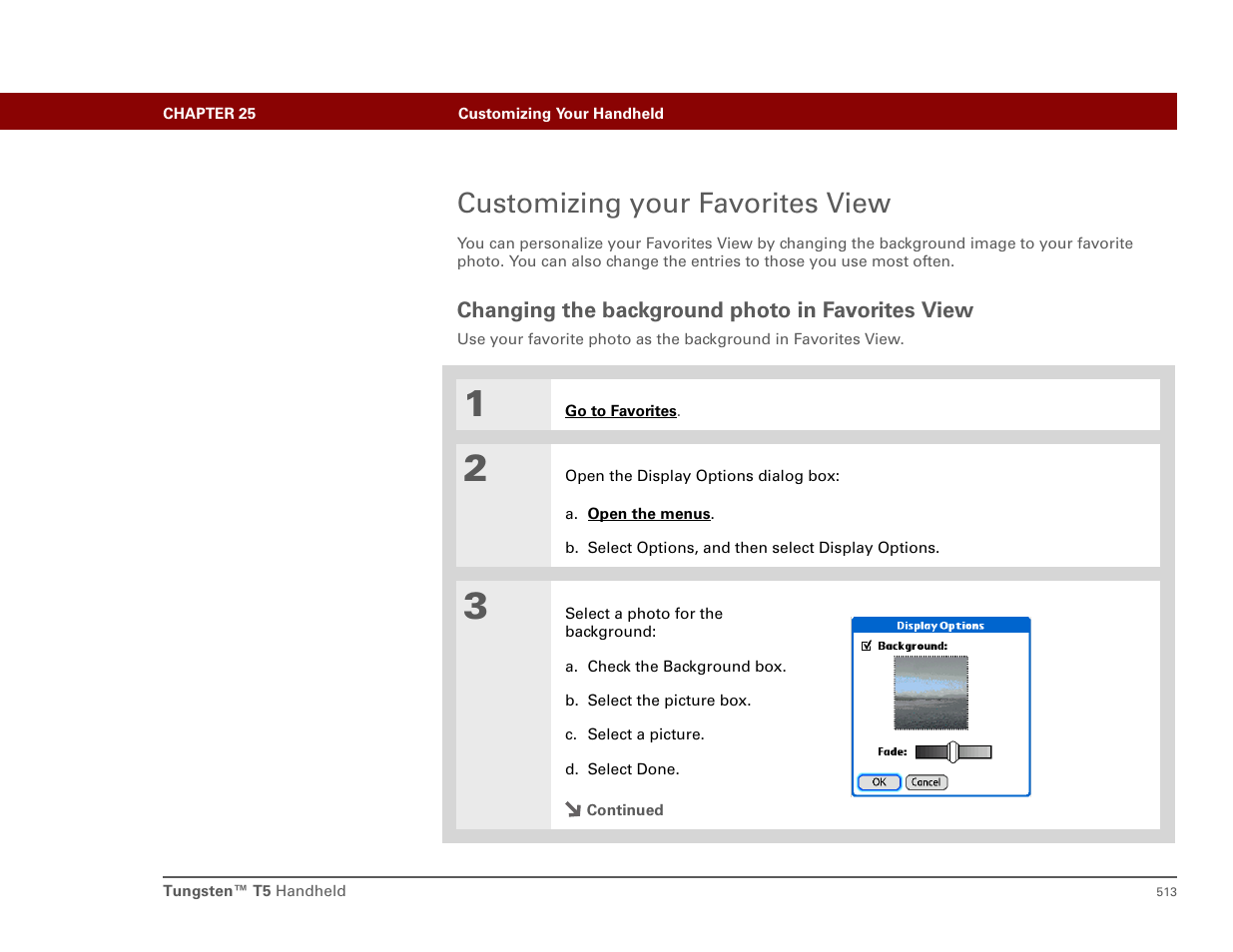 Customizing your favorites view, Changing the background photo in favorites view, N use a favorite photo as the background | Select, Photos as the background | Palm T5 User Manual | Page 535 / 675