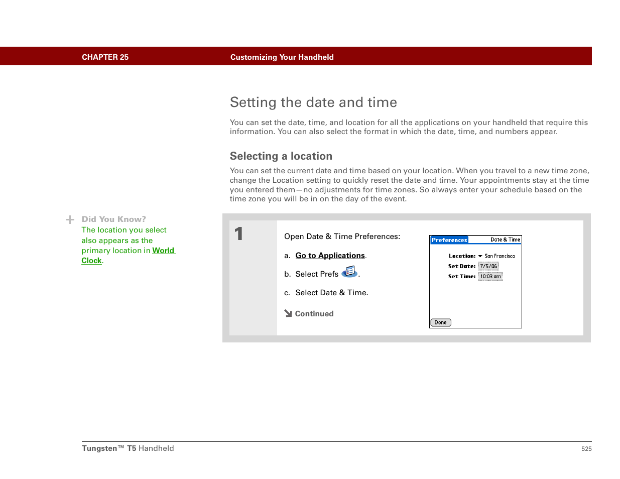 Setting the date and time, Selecting a location | Palm T5 User Manual | Page 547 / 675