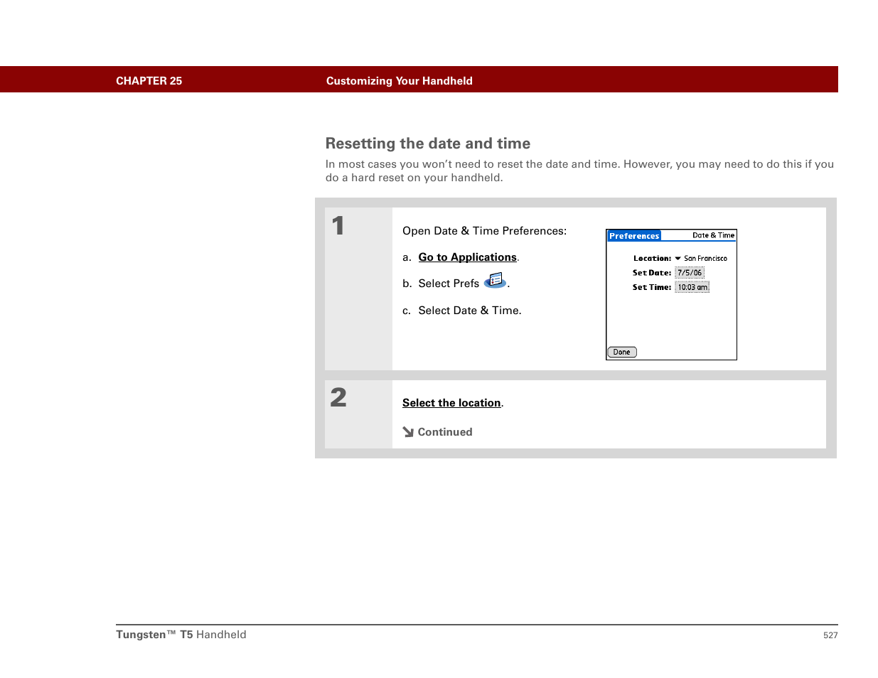 Resetting the date and time | Palm T5 User Manual | Page 549 / 675