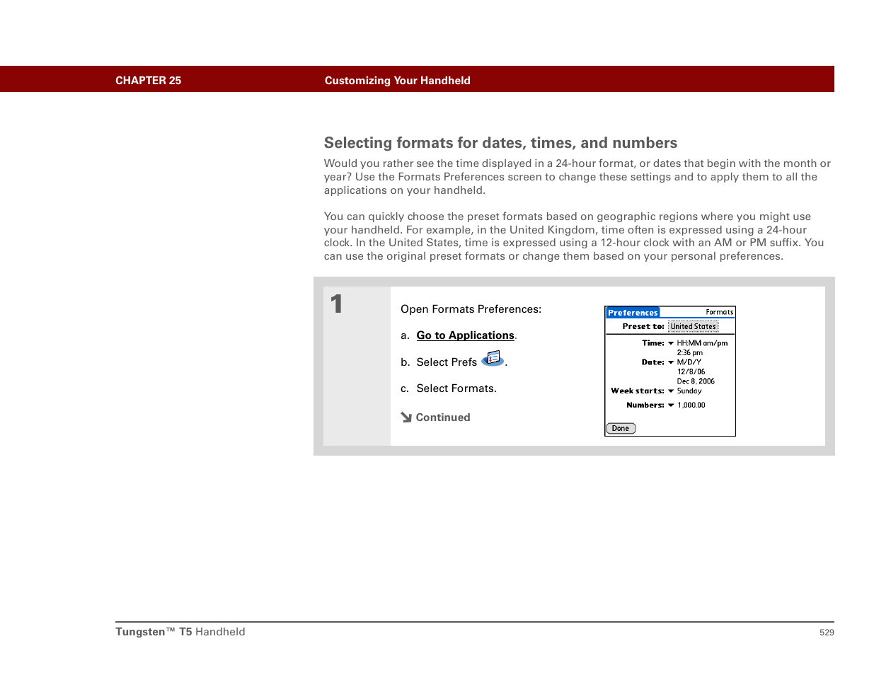 Selecting formats for dates, times, and numbers | Palm T5 User Manual | Page 551 / 675