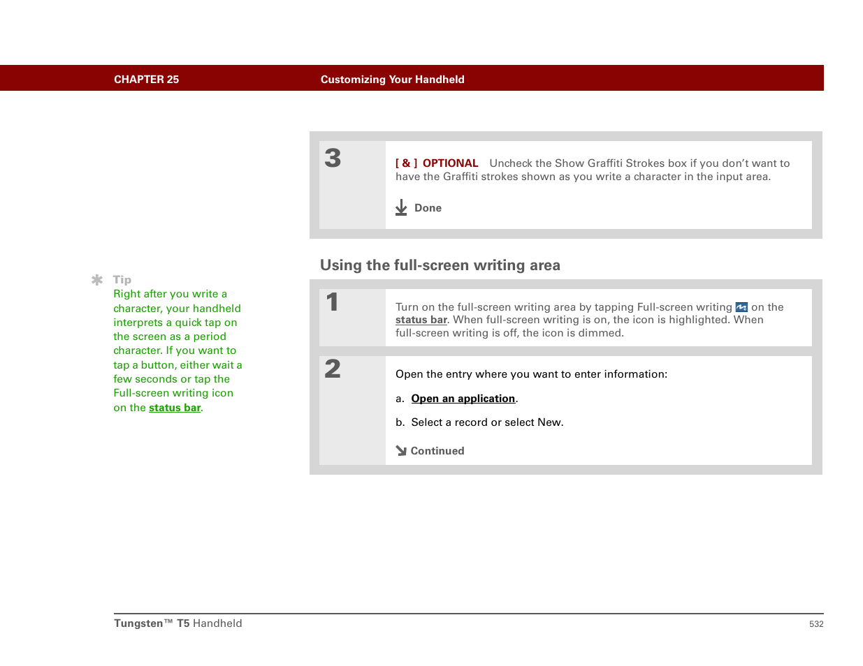 Using the full-screen writing area, Full-screen writing is turned off | Palm T5 User Manual | Page 554 / 675