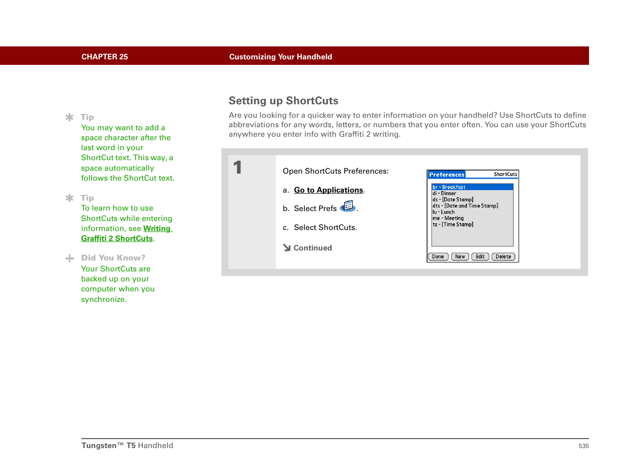 Setting up shortcuts | Palm T5 User Manual | Page 557 / 675