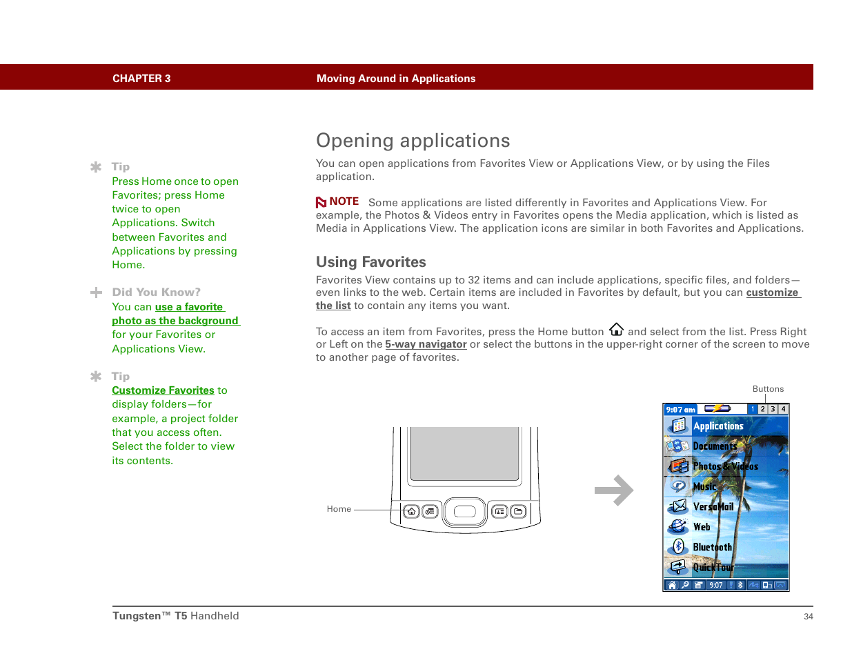Opening applications, Using favorites, Favorites , t | Favorites view | Palm T5 User Manual | Page 56 / 675