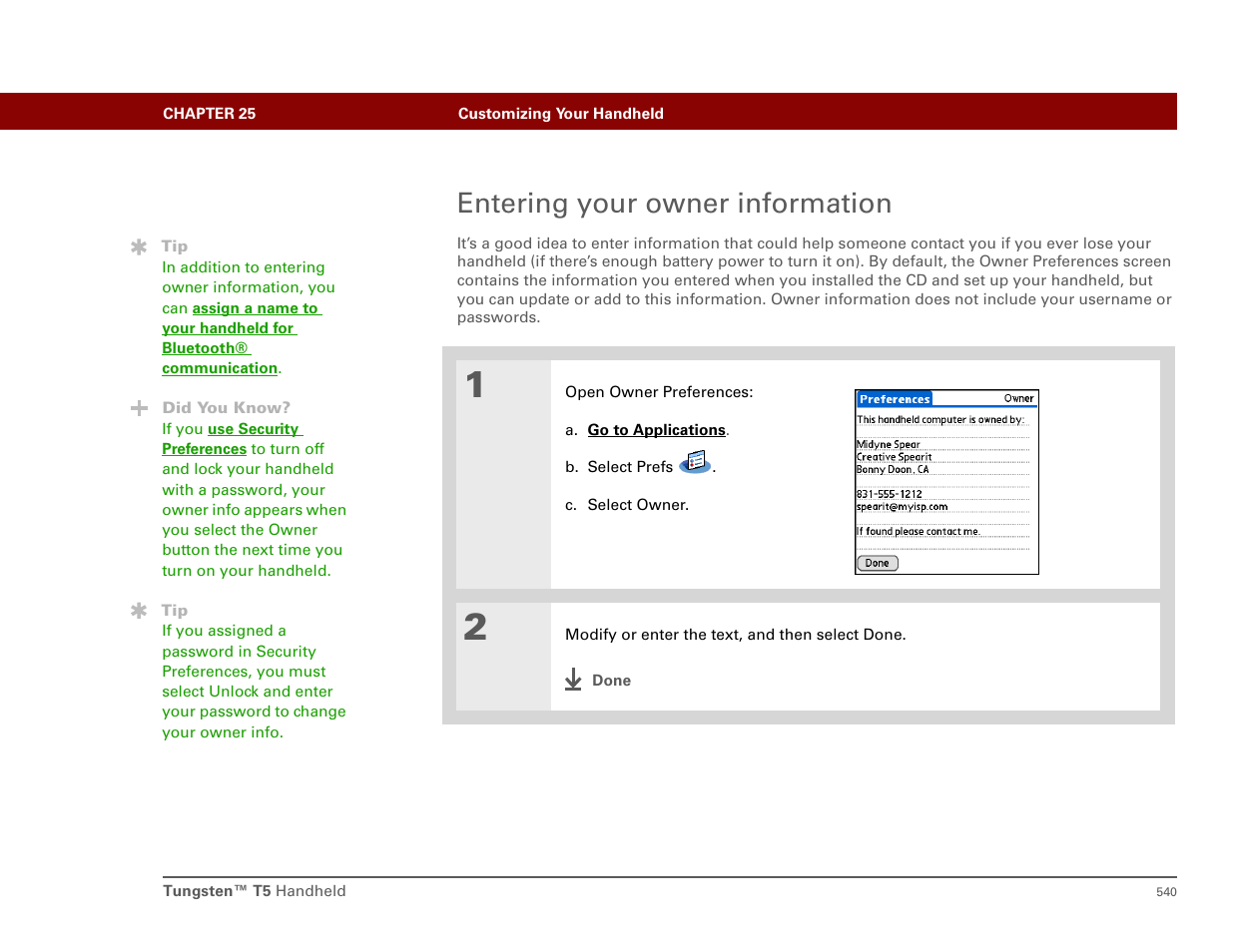 Entering your owner information | Palm T5 User Manual | Page 562 / 675