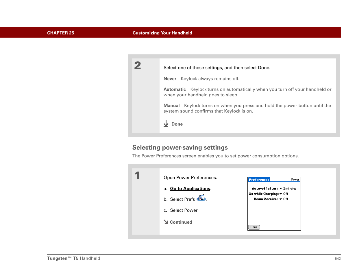 Selecting power-saving settings, Reduce the auto-off setting, Power preferences | Palm T5 User Manual | Page 564 / 675