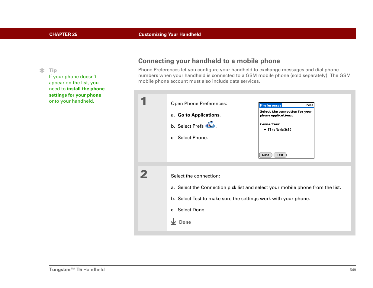 Connecting your handheld to a mobile phone | Palm T5 User Manual | Page 571 / 675