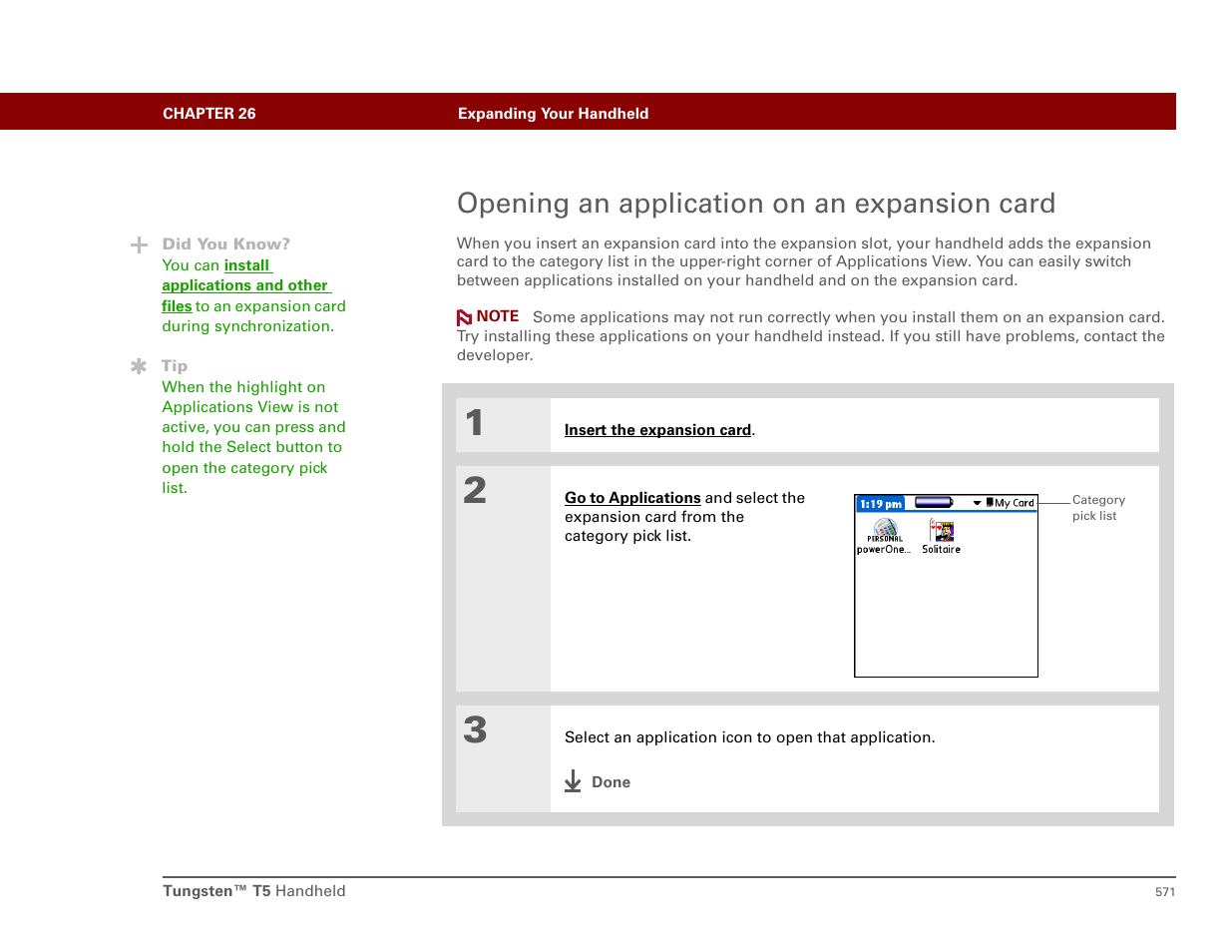 Opening an application on an expansion card | Palm T5 User Manual | Page 593 / 675