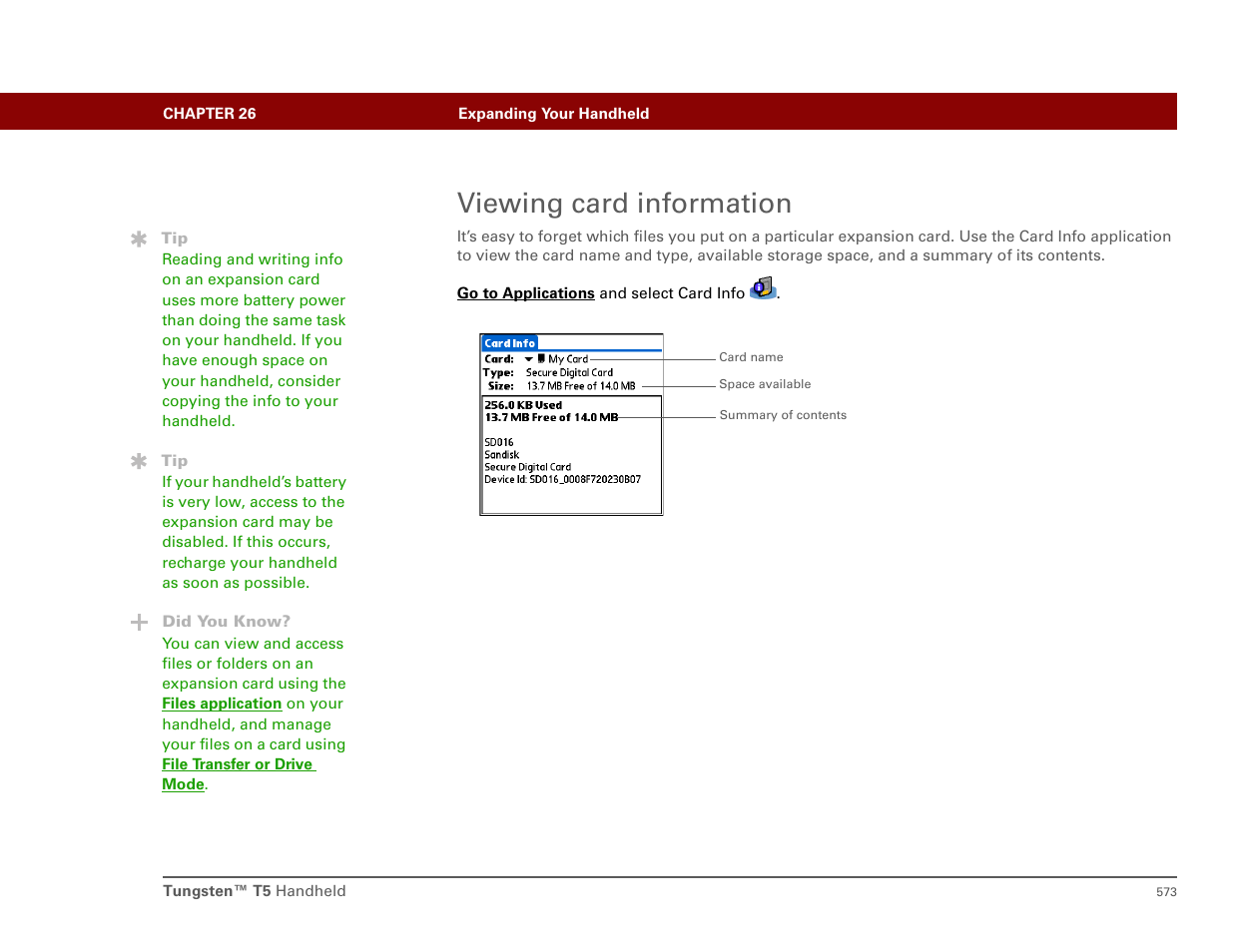 Viewing card information, Minimize use of the expansion slot | Palm T5 User Manual | Page 595 / 675