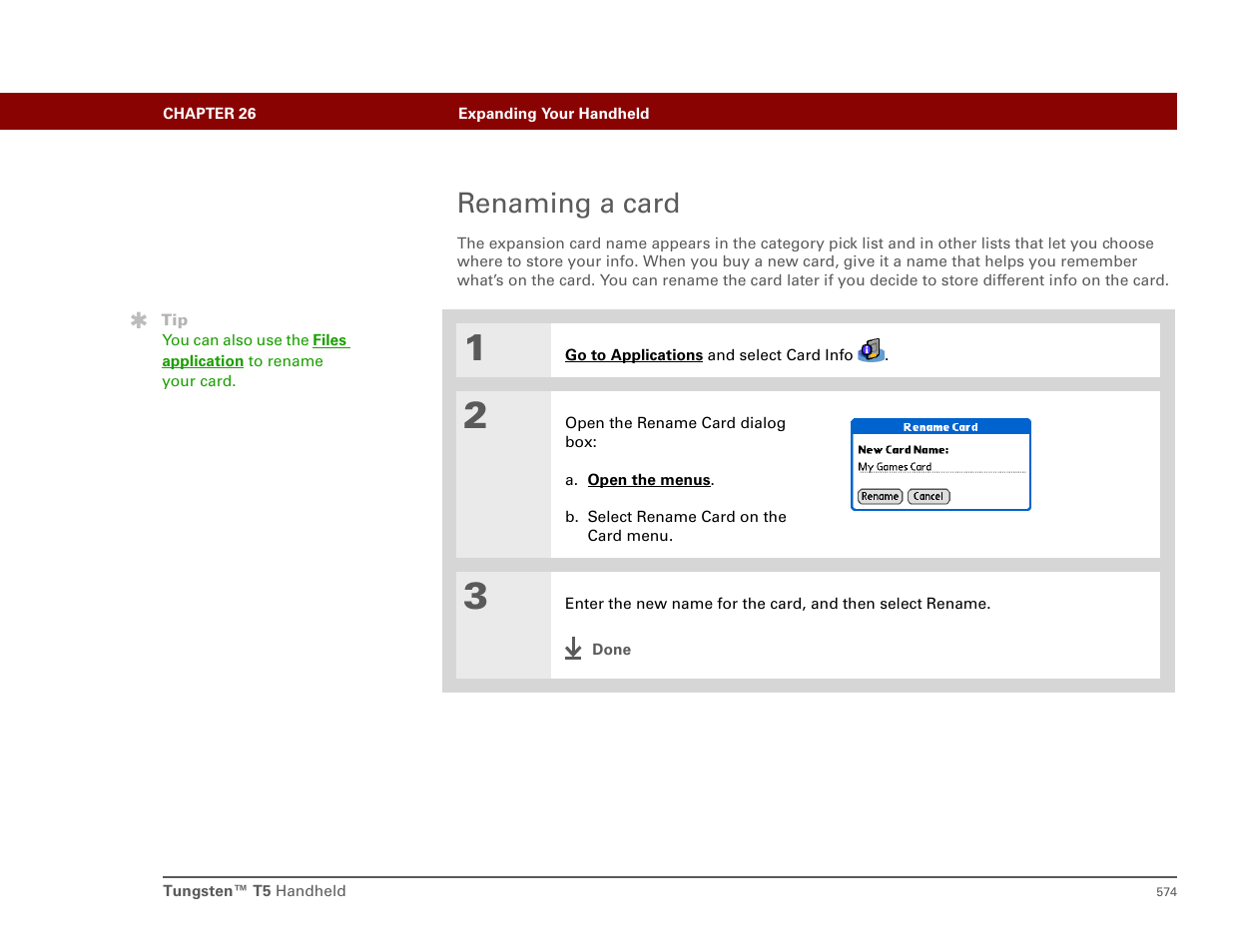 Renaming a card | Palm T5 User Manual | Page 596 / 675