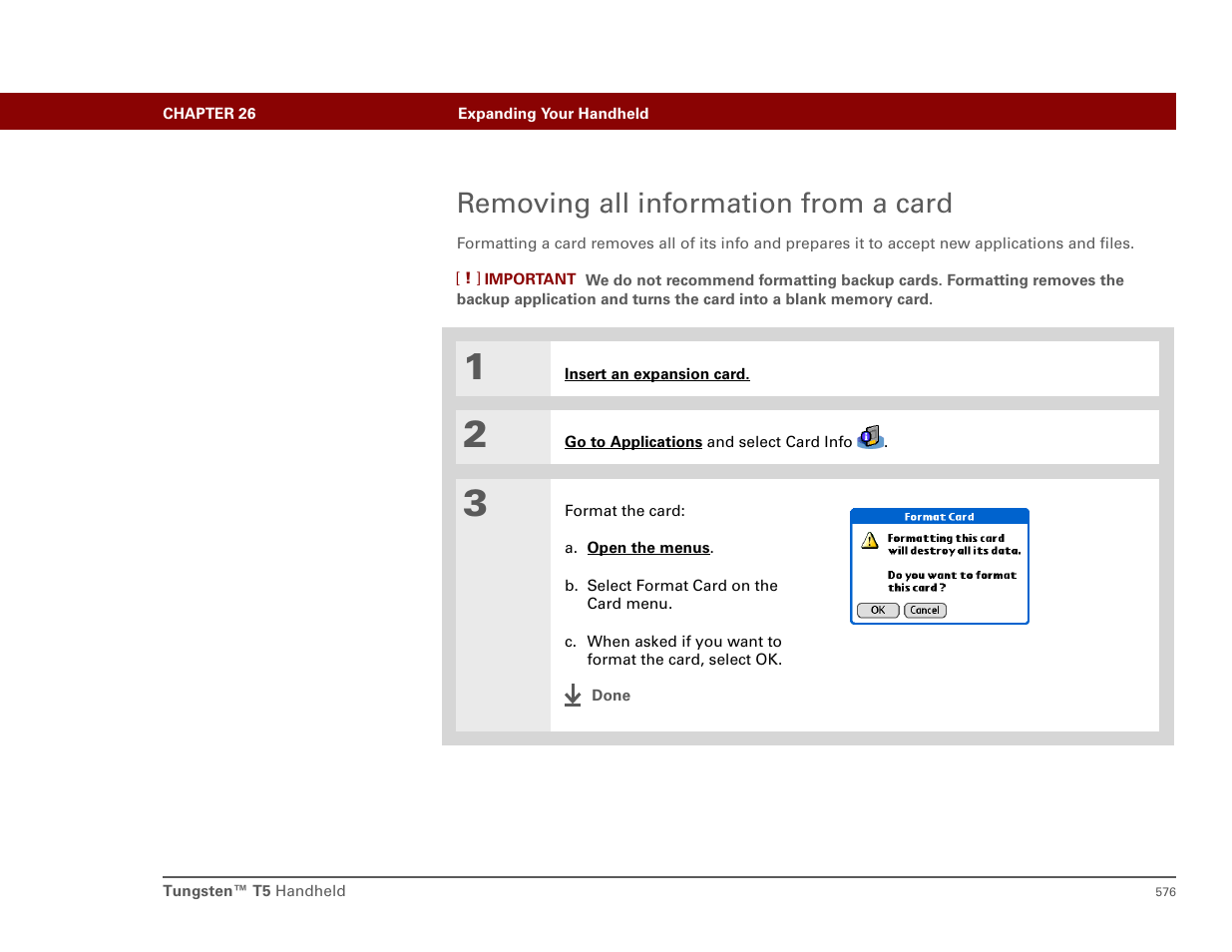 Removing all information from a card | Palm T5 User Manual | Page 598 / 675