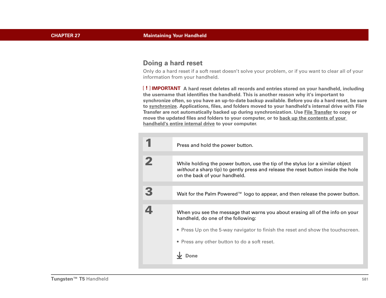 Doing a hard reset, Hard reset, Intaining | Palm T5 User Manual | Page 603 / 675