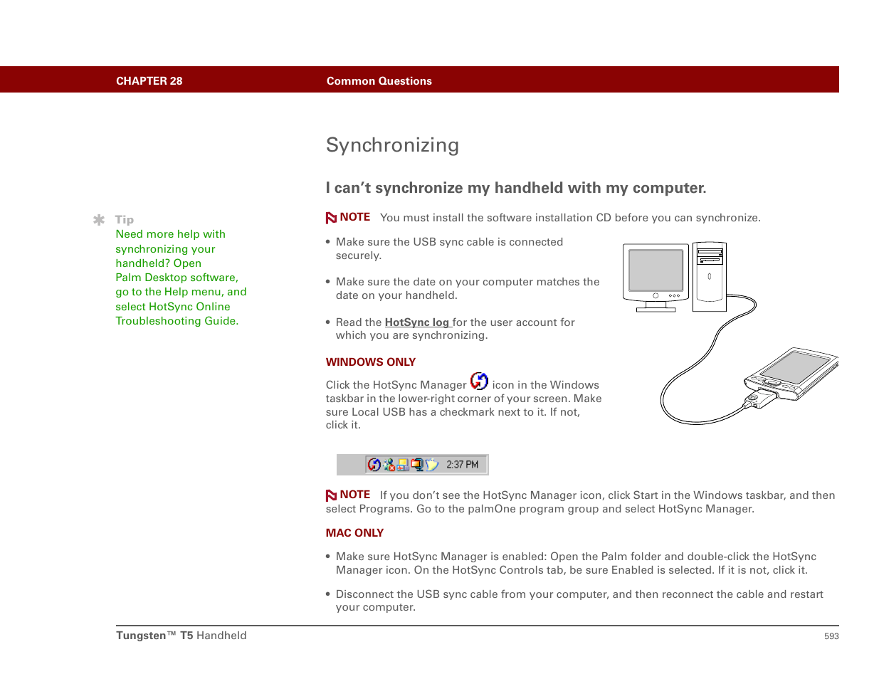 Synchronizing, I can’t synchronize my handheld with my computer | Palm T5 User Manual | Page 615 / 675