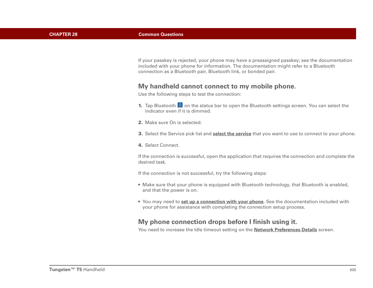 My handheld cannot connect to my mobile phone, My phone connection drops before i finish using it | Palm T5 User Manual | Page 627 / 675