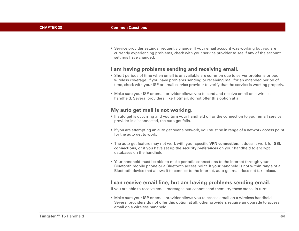 I am having problems sending and receiving email, My auto get mail is not working | Palm T5 User Manual | Page 629 / 675