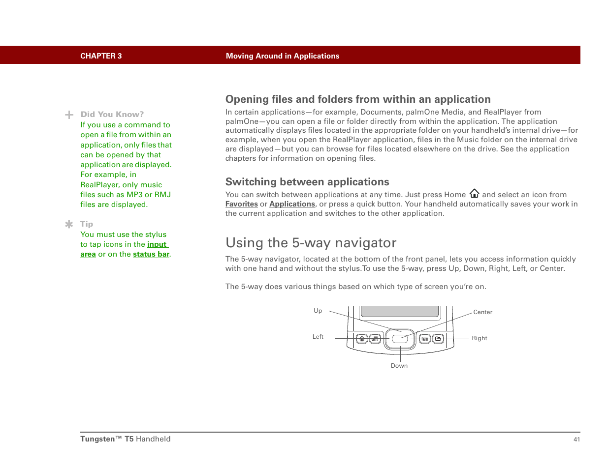 Switching between applications, Using the 5-way navigator, E 5-way navigator | Way to | Palm T5 User Manual | Page 63 / 675