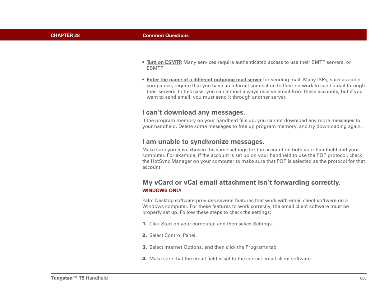 I can’t download any messages, I am unable to synchronize messages | Palm T5 User Manual | Page 630 / 675