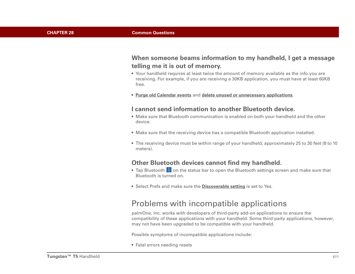 Problems with incompatible applications, Incompatible applications, Other bluetooth devices cannot find my handheld | Palm T5 User Manual | Page 633 / 675