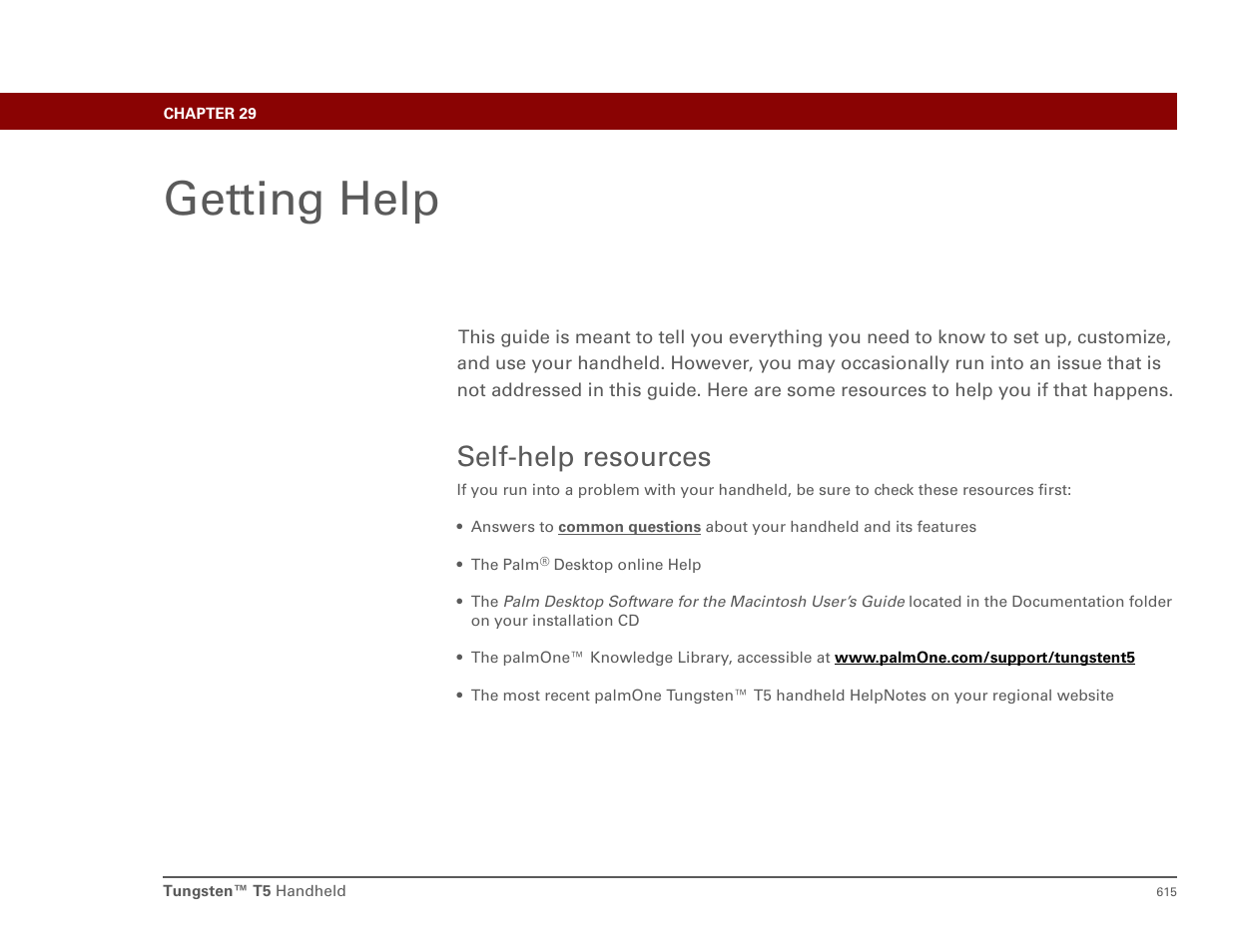 Getting help, Self-help resources, Chapter 29: getting help | Palm T5 User Manual | Page 637 / 675