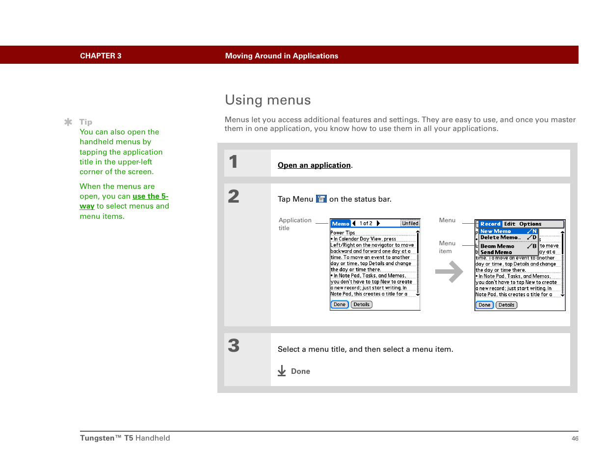 Using menus, Open the menu | Palm T5 User Manual | Page 68 / 675