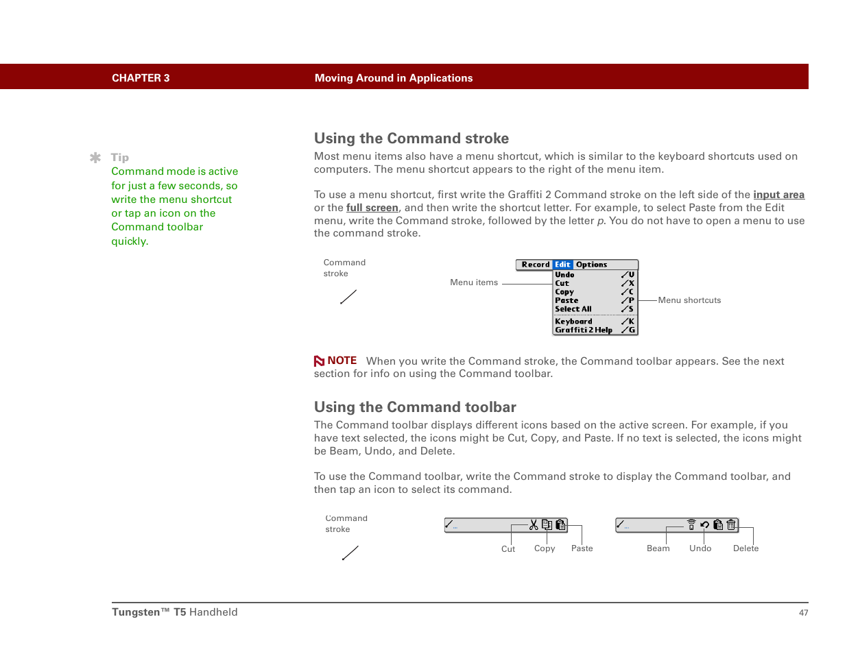 Using the command stroke, Using the command toolbar, Using the command stroke using the command toolbar | Palm T5 User Manual | Page 69 / 675