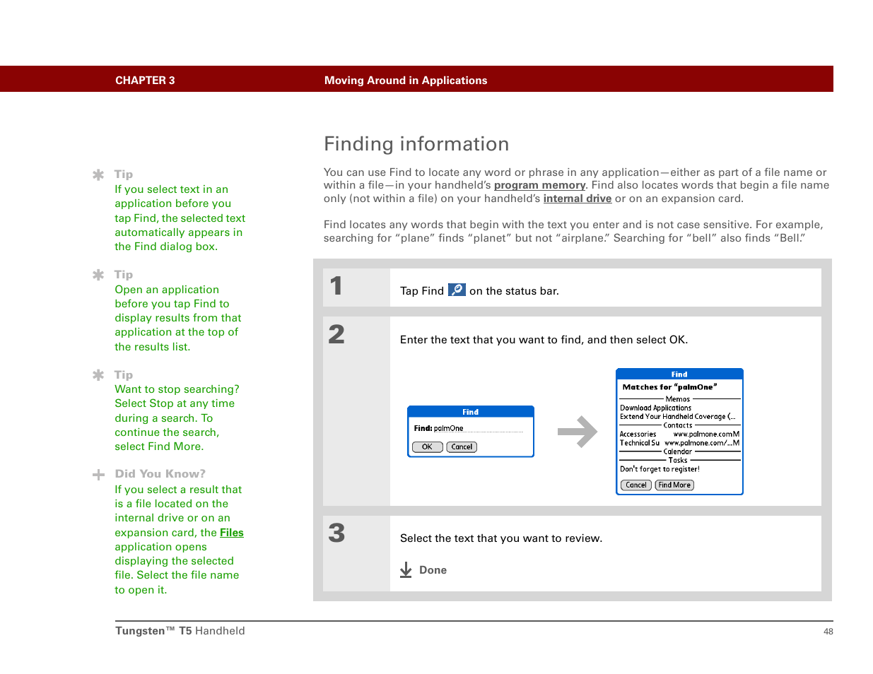 Finding information, Find dialog box | Palm T5 User Manual | Page 70 / 675