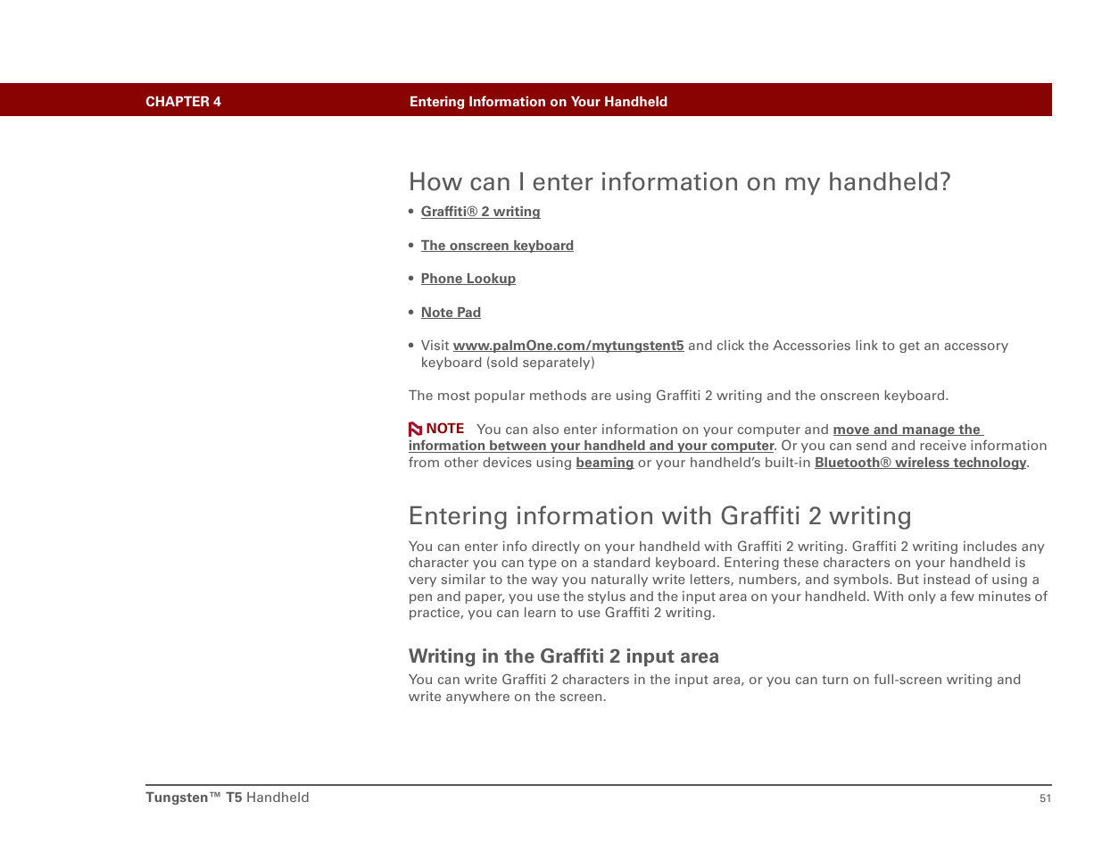 How can i enter information on my handheld, Entering information with graffiti 2 writing, Writing in the graffiti 2 input area | N select an input area, Input area | Palm T5 User Manual | Page 73 / 675