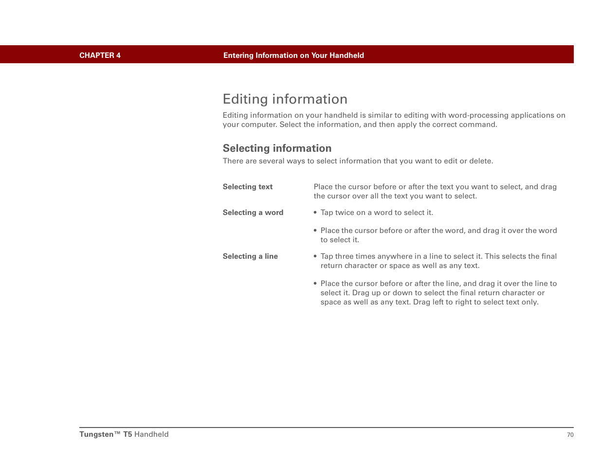 Editing information, Selecting information | Palm T5 User Manual | Page 92 / 675