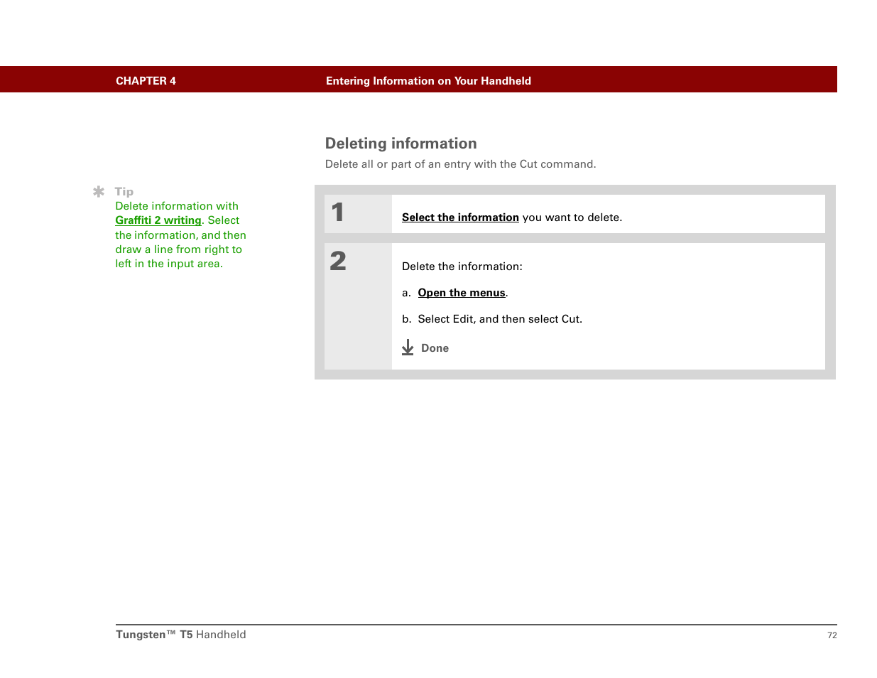 Deleting information | Palm T5 User Manual | Page 94 / 675