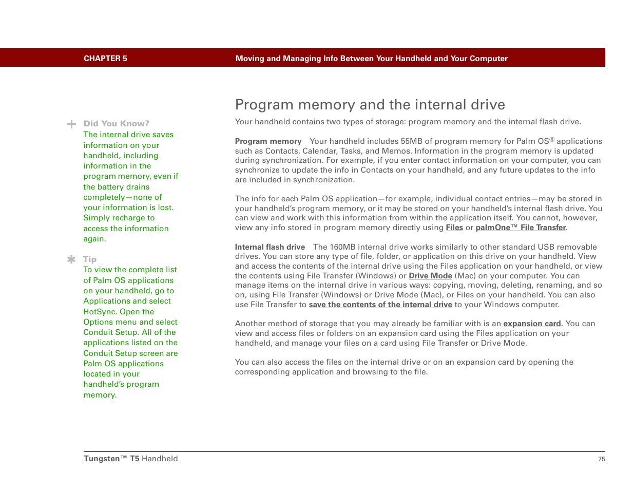 Program memory and the internal drive, Program memory, Internal flash drive | Palm T5 User Manual | Page 97 / 675