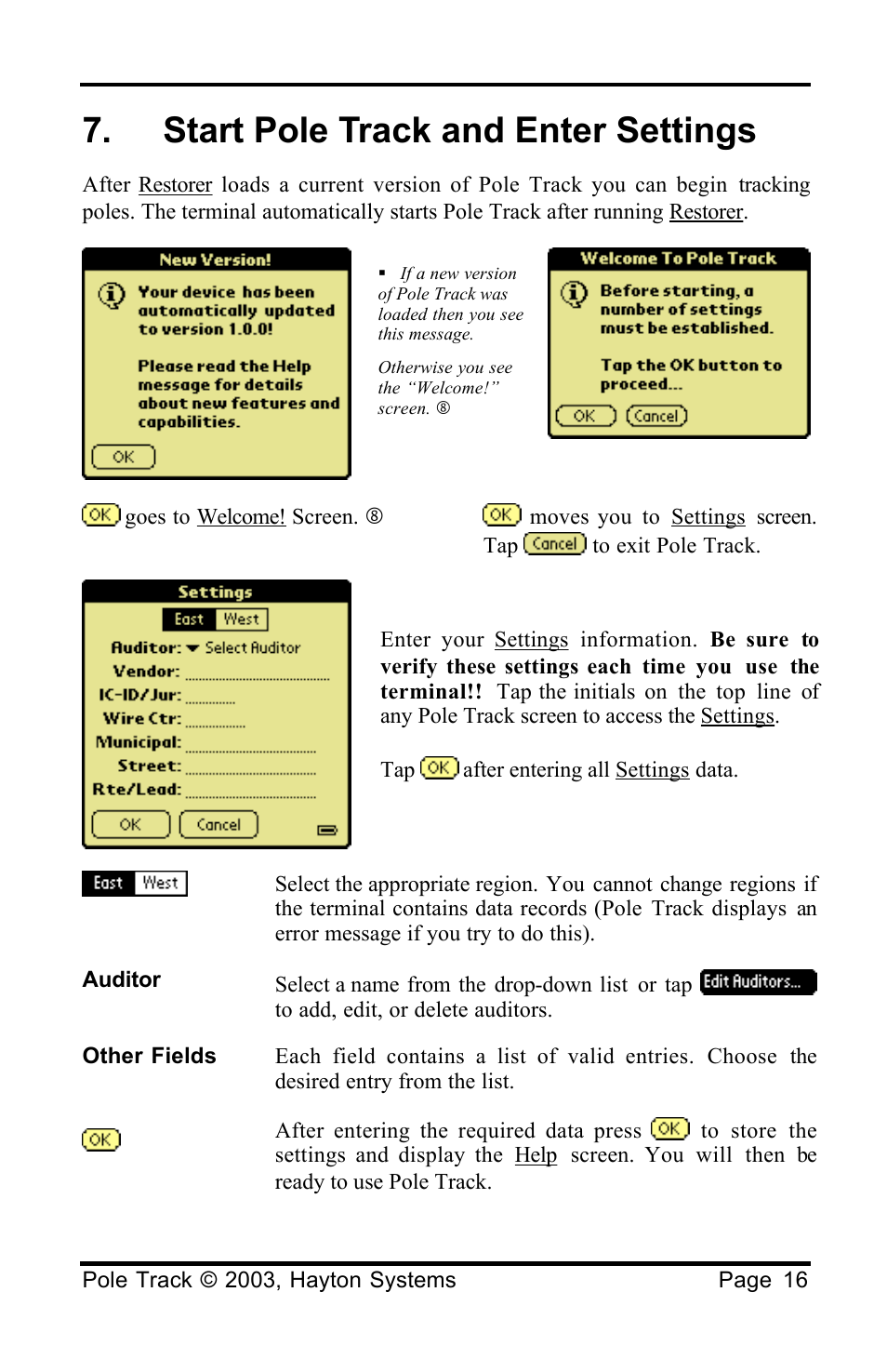 Start pole track and enter settings | Palm HPK012 User Manual | Page 20 / 37