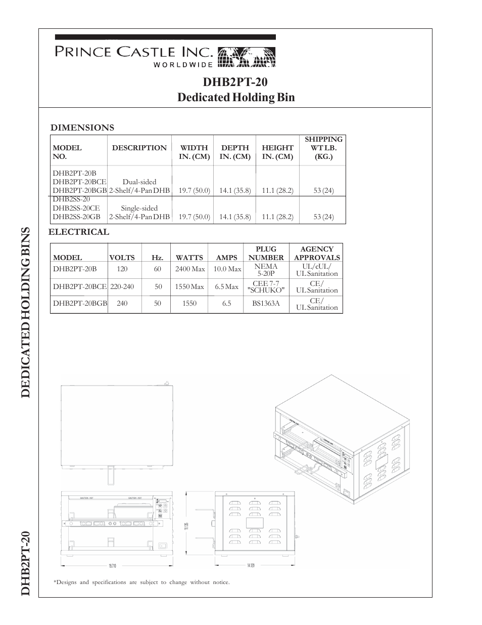 Dhb2pt -20 dedicated holding bins, Dhb2pt-20 dedicated holding bin | Prince Castle DHB2PT-20 User Manual | Page 2 / 2