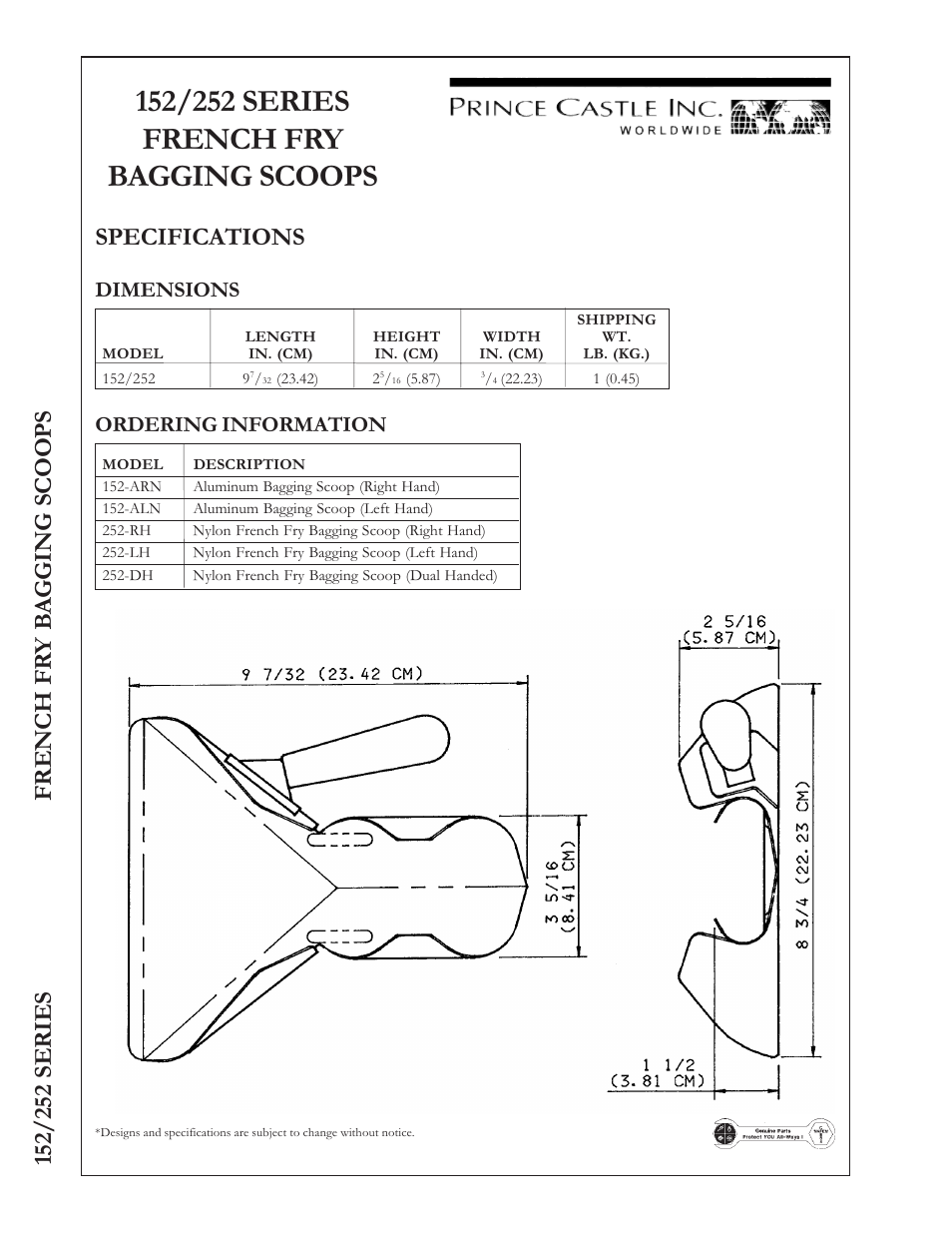 Specifications, Dimensions, Ordering information | Prince Castle French Fry Bagging Scoops 152/252 Series User Manual | Page 2 / 2