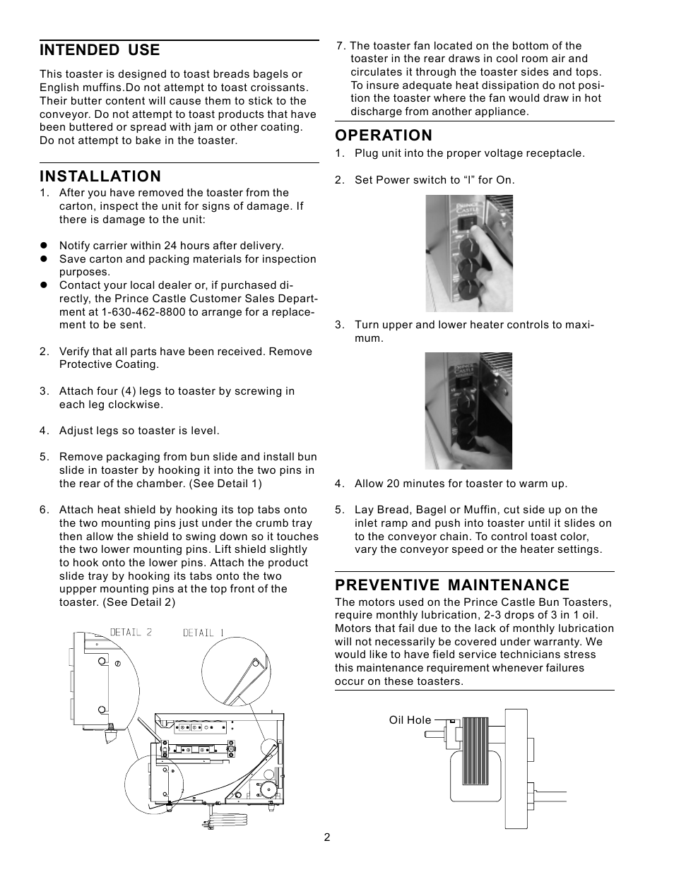 Intended use, Installation, Operation | Preventive maintenance | Prince Castle 428-D User Manual | Page 2 / 8